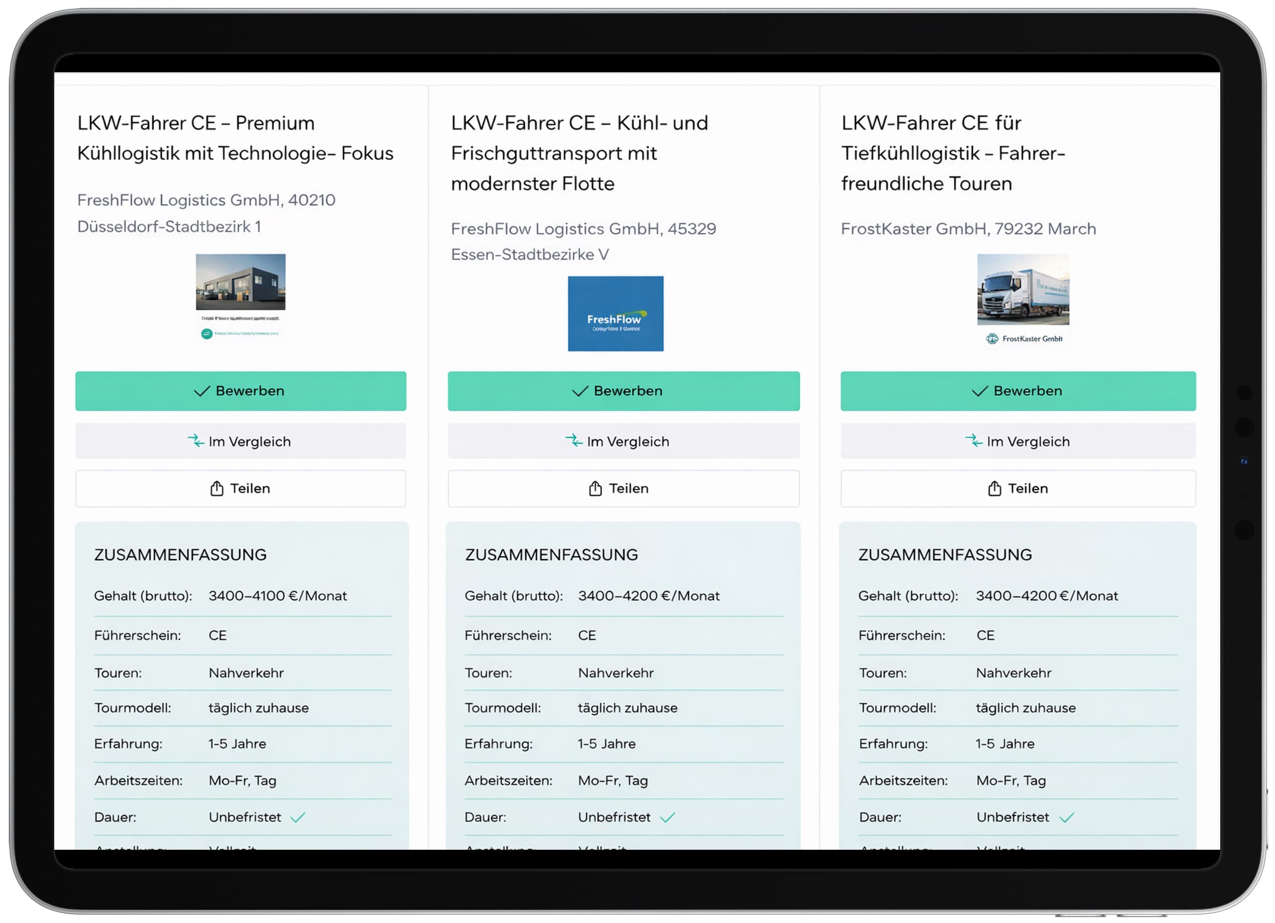 Select multiple jobs and compare salary, working hours, routes, and benefits at a glance